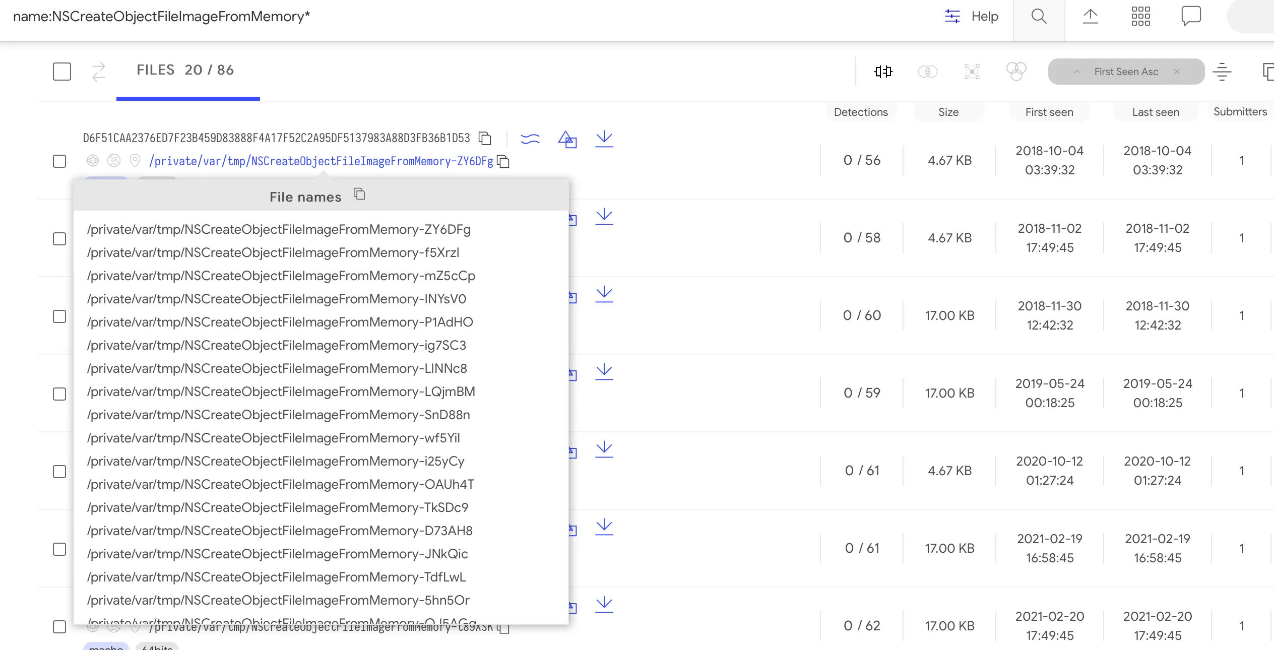 VirusTotal search results for name:NSCreateObjectFileImageFromMemory*