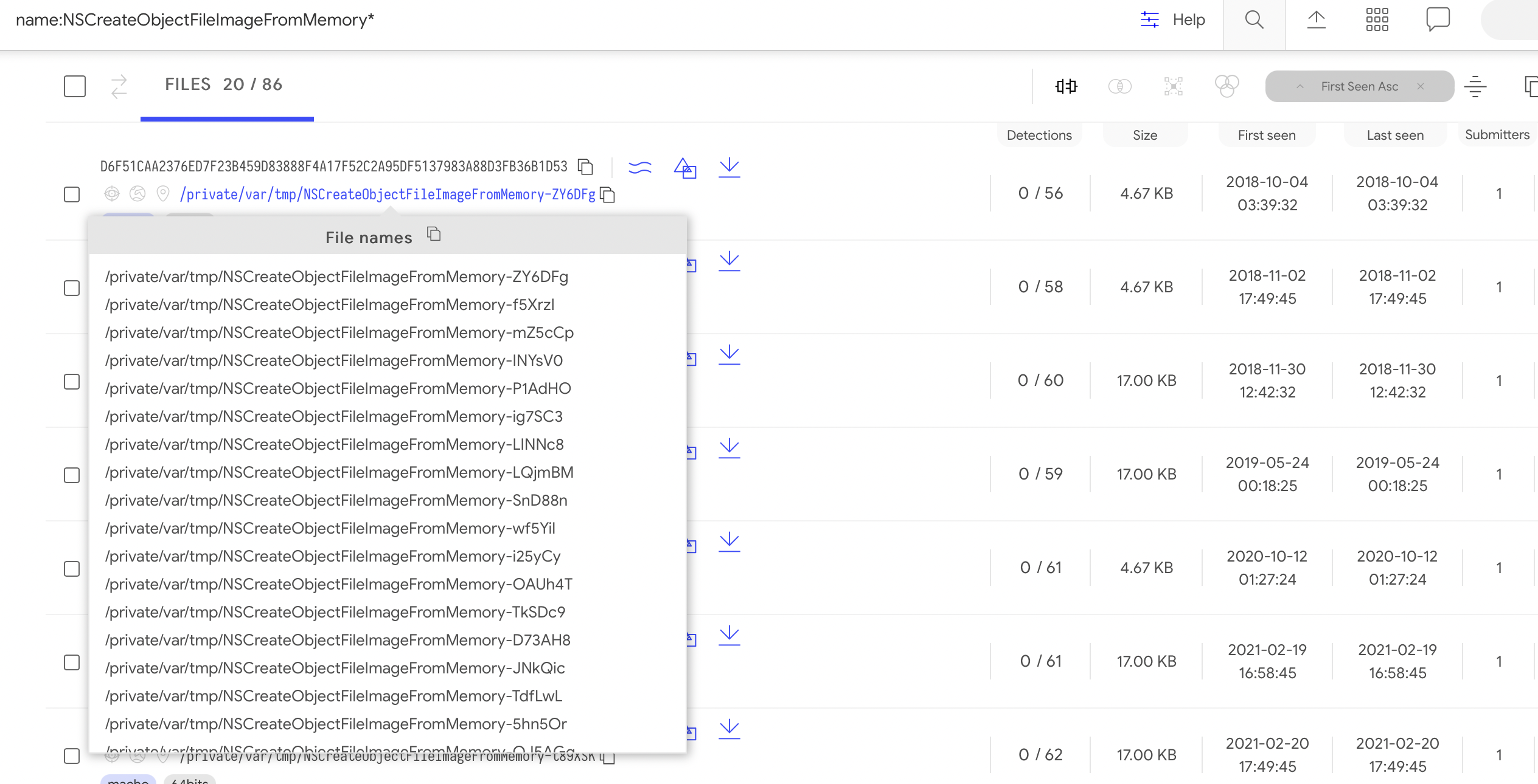 VirusTotal search results for name:NSCreateObjectFileImageFromMemory*